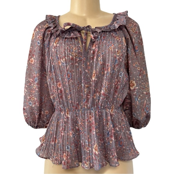 Vintage 70s Gray Floral Keyhole Ruffled Pleated Peplum Chiffon‎ USA Union Made - Picture 1 of 16